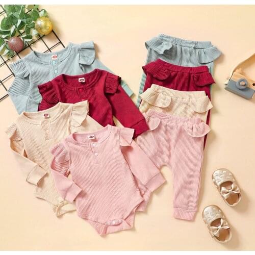 Autumn Newborn Infant Baby Boys Girls Clothes Solid Ribbed Ruffle Long Sleeve Bodysuit and Casual Pants Baby Clothing Outfits