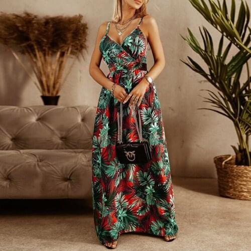 Hirigin Slim V-Neck Sling Floral Boho Maxi Dress Summer Backless Printed Beach Sundress Womens Casual Sexy Club Party Vestidos