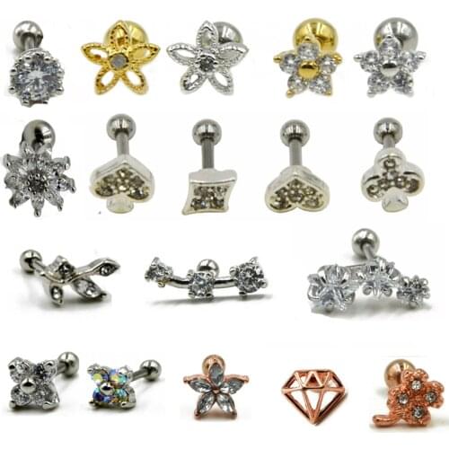 1PCS Steel Prong Set Crystal Zircon Flower Ear Cartilage Tragus Helix Earring Piercing Labret Stud Lip Ring Charming Jewelry 16g