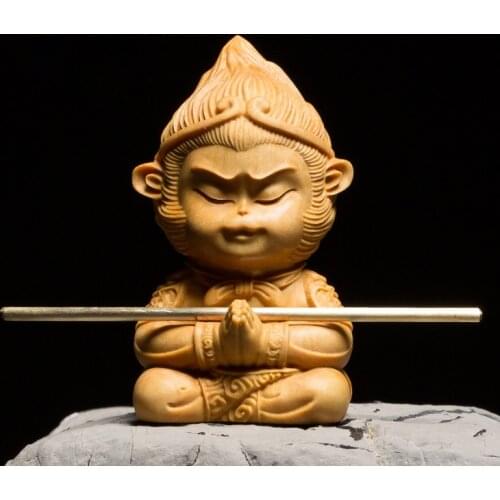Boxwood 7 9 11cm The Monkey King Sculpture Wood Carving Buddha Sun Wukong Statue Lucky Cartoon Home Decor