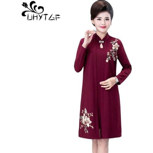 UHYTGF Middle-Aged Womens Spring Autumn Dress Two-Piece Sets Fashion Embroidery High-End Elegant Suit Vintage Cheongsam Dress 12