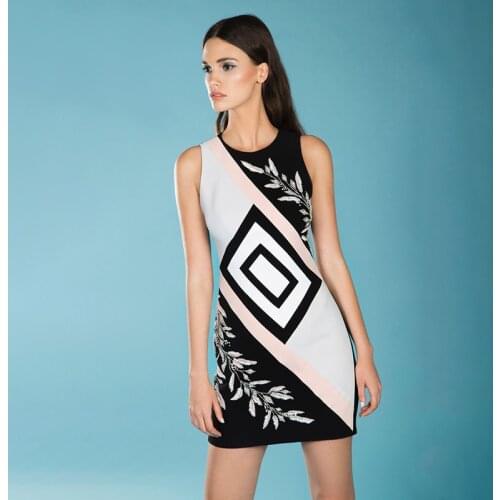 Free shipping high quality multicolor collage tight round neck sleeveless high street rayon bandage evening party dress