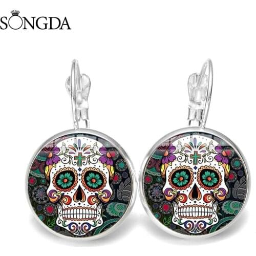 Vintage Hippie Skeleton Earrings Mexican Sugar Skull Folk Art Pattern Glass Cabochon For Women Men Halloween Jewelry Gifts