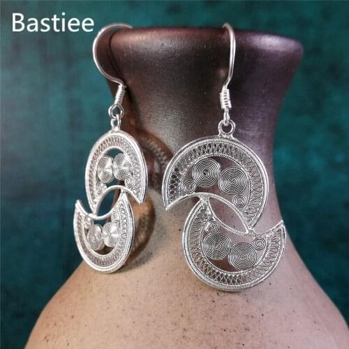 Bastiee Hmong Droop Earrings Moon Dangle Womens Jewelry Fine Luxury Handmade Chinese Ethnic Earings Miao High Level Gift Girl