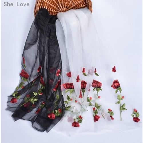 Chzimade 1 Yard Embroidery Rose Lace Fabric For Wedding Bridal Dress Embroidered DIY Craft