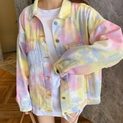 Fashion Tie-dye Color Denim Jacket Womens Oversized Long-sleeved Lapel Pocket Girl Streetwear Style Jeans Jacket Short Coat