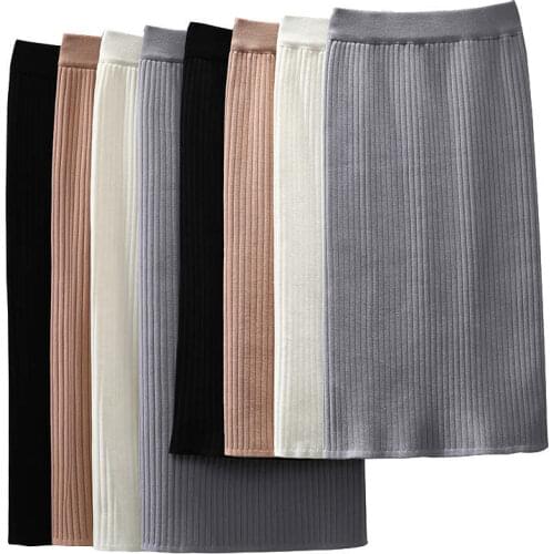 Women Autumn Winter Stretch Knitted Bodycon Pencil Skirts Faux Ice Silk High Waist Short & Long Bandage Female Skirt Falda C7631