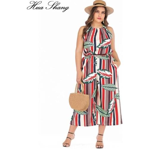 6xl Plus Size Jumpsuit Summer 2019 Women Halter Neck Sleevless Leaves Striped Print Boho Beach Rompers Pockets Wide Leg Jumpsuit