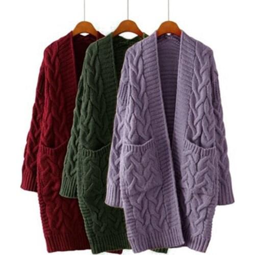 Women Cardigan Knitted Coat Long Sleeve With Pocket Long Pull Femme Solid Crochet Knitting Autumn Winter Fashion Sweater