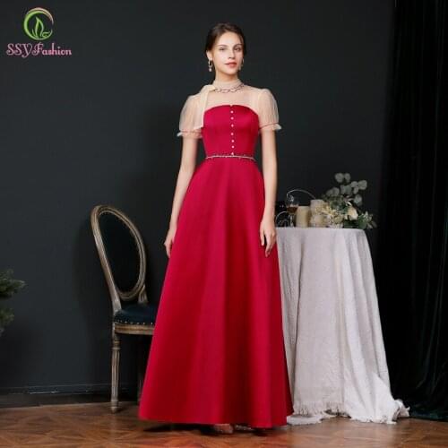 SSYFashion New Banquet Elegant Evening Dress for Women Wine Red Floor-length Crystal Beading Long Formal Gowns Vestidos De Noche