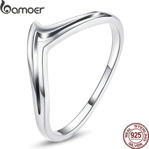 Bamoer Stylish Simple V 925 Sterling Silver Wishbone Ring for Women Wedding Statement Jewelry Anillo Finger Ring SCR739