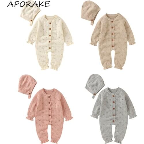 2021 3-24M Infant Baby Girl Romper Sweet Spring Fall Solid Color Hollow O Neck Button Fly Long Sleeve Knitted Jumpsuit+Hat 2pcs