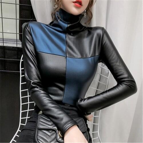 2021 Winter Long Sleeve Turtleneck PU Leather T-shirts Women Plus Fleece Warm PU Leather Pullovers Women Warm PU Leather Tops