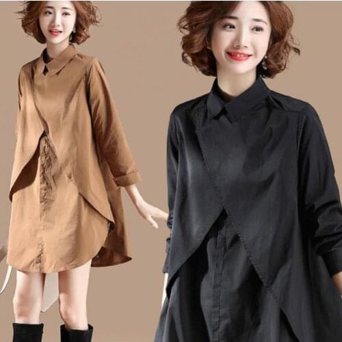 Fall Spring Fashion Women Black Brown Full Sleeve Loose Irregular Blouse , Casual Autumn Female Elegant Woman 4xl 3xl Blouses
