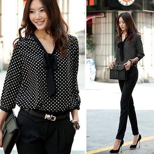 Women Blouses Butterfly Summer Polka Dot Bowknot Chiffon Shirt Loose Long Sleeve Blouse Top