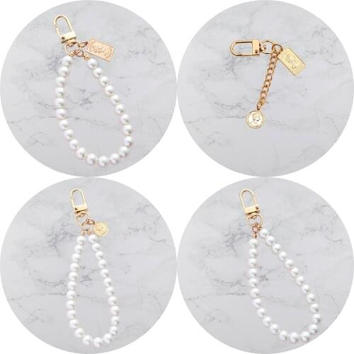 Retro Square Round Coin Keychain Double-sided Letter Diy Imitation Pearl Keyring Women Couple Car Bag Pendant Key Chains Gifts