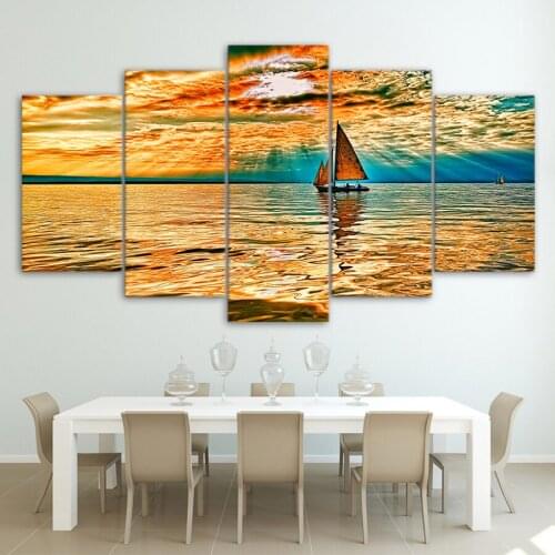 Dropshipping diamond painting 5 piece canvas art sky clouds sun rays lake sailboat diamond embroidery cross stitch decoration