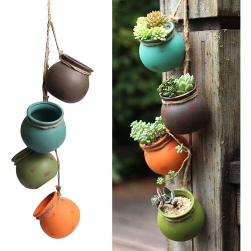 4pcs Ceramic Flower Pot Creative Hanging Flower Pots Kit Wall Mount Mini Bonsai Planters Vase Home Office Decoration Gift