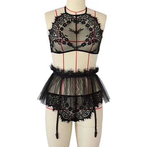 Mesh Perspective Sexy Lingerie Ladies Strap Crochet Lace Underwear Set Cutout Embroidery Sexy Sensual Lingerie Woman Exotic Sets