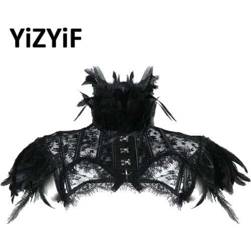 Retro Vintage Punk Gothic Feather Collar Shoulder Lace Cape Bolero Jacket Shrug Tops Halloween Party Goth Rave Costume for Women
