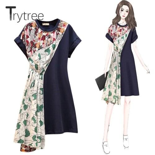 Trytree 2020 Summer Casual Woman Dress O-neck Patchwork Pleated Print Irregular Fashion Elegant Temperament A-line Dress