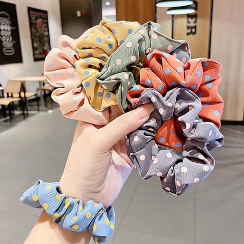 Fashion Wave Point Hair Circle Scrunchie Korean Pearl Chiffon Long Ribbon Ponytail Scarf Hairbands Womens Elastic Hair Bands