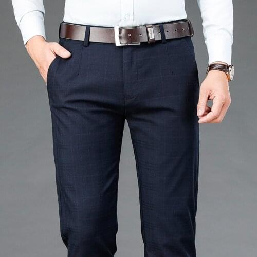 2021 Autumn Winter Brand Brushed Cotton Plaid Pants Classic Style Business Gentleman Mens High Waist Casual Trousers Blue Gray