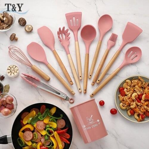T&Y 12pcs Nonstick Silicone Utensil Set with Wooden Handle and Plastic Holder, Kitchenware Set Cooking Accessories Gadgets Set