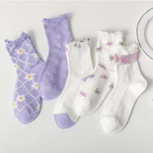 Purple Color Floral Print Lolita Ruffle Socks Korean Fashion Harajuku Streetwear Womens Socks Japanese Kawaii Cute Long Socks