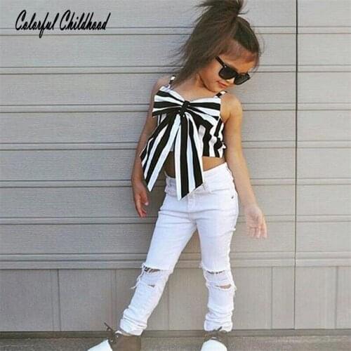 Newest cute baby Girls Clothing Sets Baby toddler Kids Clothes Suit Children Sleeveless striped bow Shirt +Pants