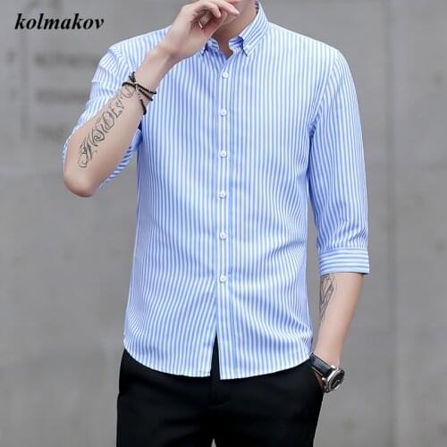 New Arrival Summer Style Men Three Quarter Sleeve Shirt Fashion Casual Stripe Shirt Mens Leisure Slim Shirt Plus Size M-5XL