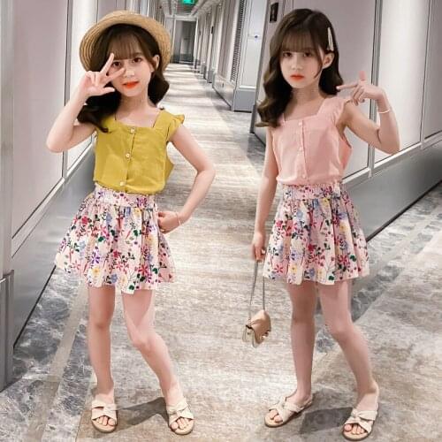 4-9 Years Children Girls Clothes Set Sleeveless T-Shirt +Flower Print Skirts Summer Fashion Outfit Kids Girls Clothes Suit
