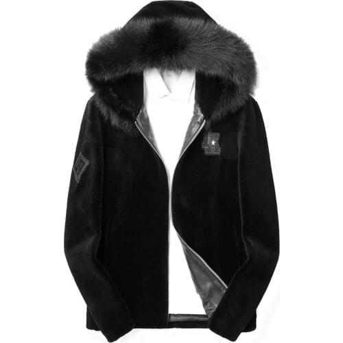 Real Fur Coat Mens Winter Jacket Fox Fur Collar Real Sheep Shearling Fur Coat Men Wool Coats Plus Size 17CHA180854Y MY1959