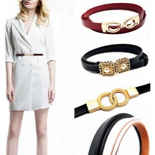 Brand Luxury Cowskin Thin Belts for Women Dresses Genuine Leather Bow Pearl Double Ring Buckle Adjustable Decorative Dress Belt