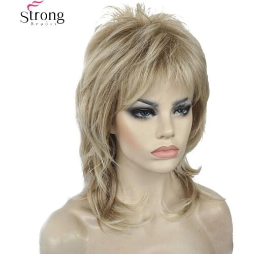 StrongBeauty Synthetic Wigs for Women Natural Hair Ombre Blonde/Brown Highlights Medium Curly Layered Capless Wigs Cosplay