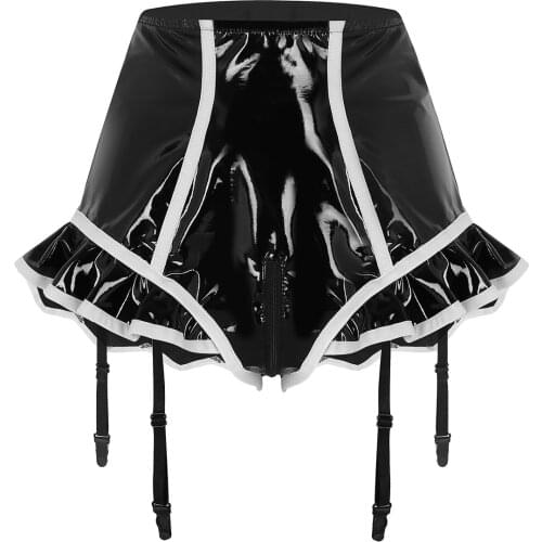 Women Faux Leather Wet Look Ruffled and Lined Zipper Crotch High Waist Triangle briefs Panties with Plastic Garters Underwear