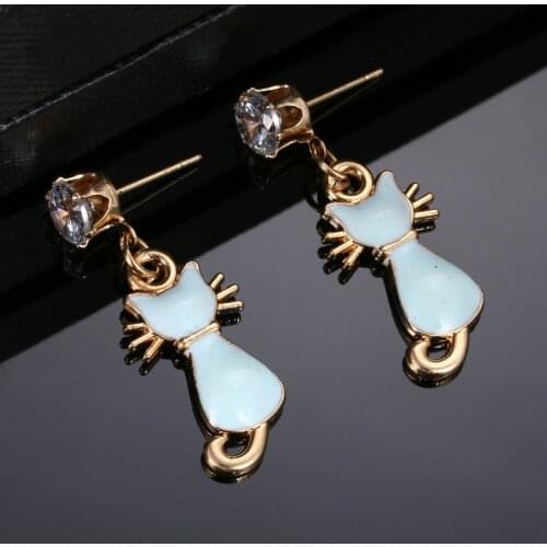 TianBo Brand Cute Cat Gold Color Blue Oil Drip Ear Stud Earrings For Women Girls Kids Child Jewelry Anti-Allergic