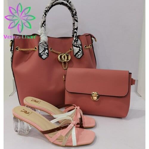 Italian Design Nigeiran 2021 Newest Colorful Crystal Style Elegant Pink Color Party Wedding Ladies Shoes and Bags Set