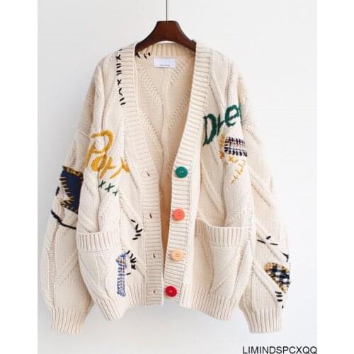 2021 Autumn Winter Women Cardigan Warm Knitted Sweater Jacket Pocket Embroidery Fashion Knit Cardigans Coat Lady Loose Sweaters