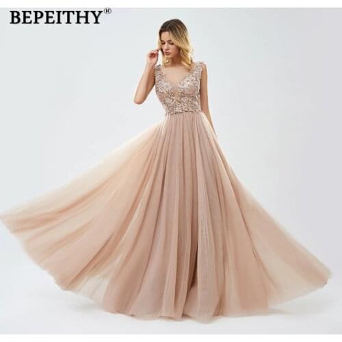 2020 Robe De Soiree Champagne Beaded Long Prom Dresses Gray свадебные платья Evening Dress Party Elegant