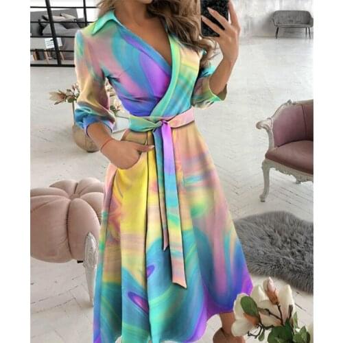 Personality Office Lady Office Lady Elegant Dress Ladies 2021 Autumn Fashion Long Sleeve V-neck Tie-dye Print Women Midi Dresses