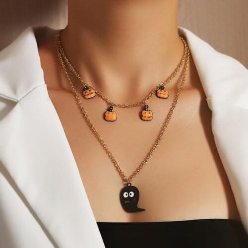 Fashion Pumpkin Pendant Layered Necklace Women Aesthetic ghost head Choker Chain Jewelry Initial Charm Halloween Creative Gift