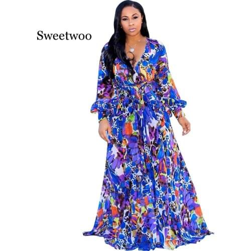 2020 New Hot Sale Large Size Womens Print Chiffon Sexy V-neck Dress