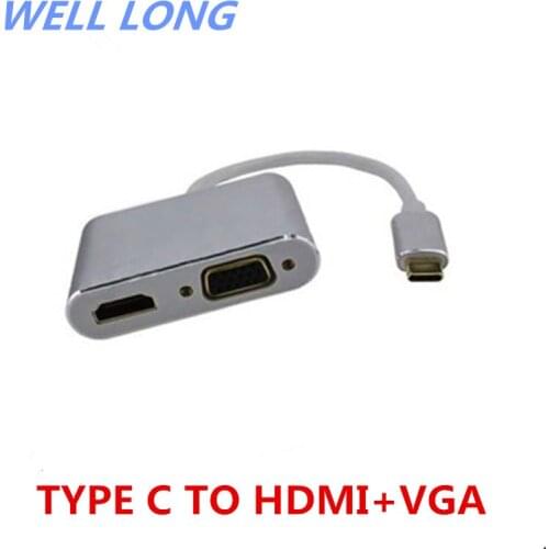 1pcs/lot Silver Type-c to hdmi+vga 4K same screen, one to two HD video transfer cable