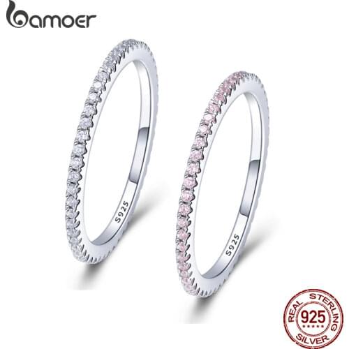 BAMOER 925 Sterling Silver Pink Crystal Wedding Female Rings for Women Simple Geometric Ring Sterling Silver Jewelry SCR066