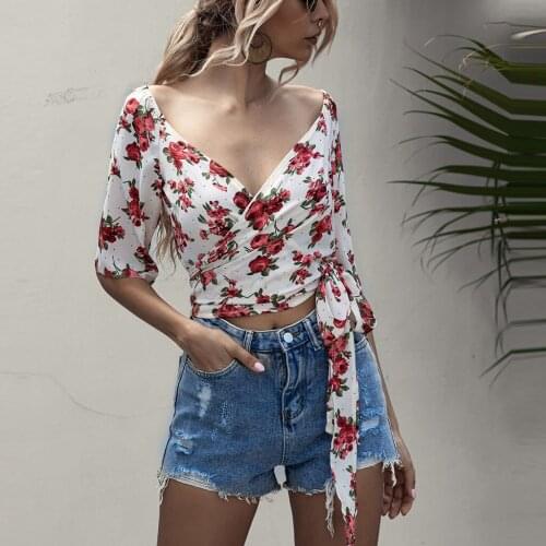Womens Summer Blouses Ruffle V-Neck 3/4 Sleeve Floral Printed Lace Up Bandage Vintage French Style Ladies Shirt Tops Blusas#p3