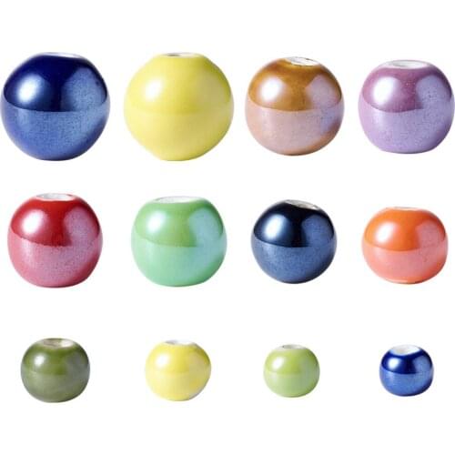 Pandahall 50pcs 8~16mm Mixed Pearlized Handmade Porcelain Round Ball Beads For Jewelry Making DIY Necklace Bracelet, Hole: 2mm