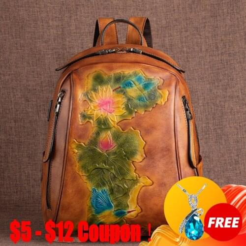 CGA 2021 New Handmade Bags For Genuine Leather Retro Solid Zipper Soft Handle Leisure Women Backpack Large Capacity Travel Bag