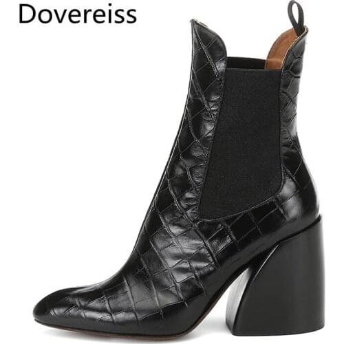 Dovereiss Fashion shoes for woman Winter Pointed Toe sexy Block heels gray snake Sexy Slip on Mature Short boots big size 48