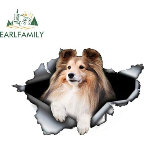EARLFAMILY 13cm x 8.55cm Car Styling Torn Sheltie Car Sticker 3D Pet Dog Car Decoration Torn Metal Decal Reflective Stickers